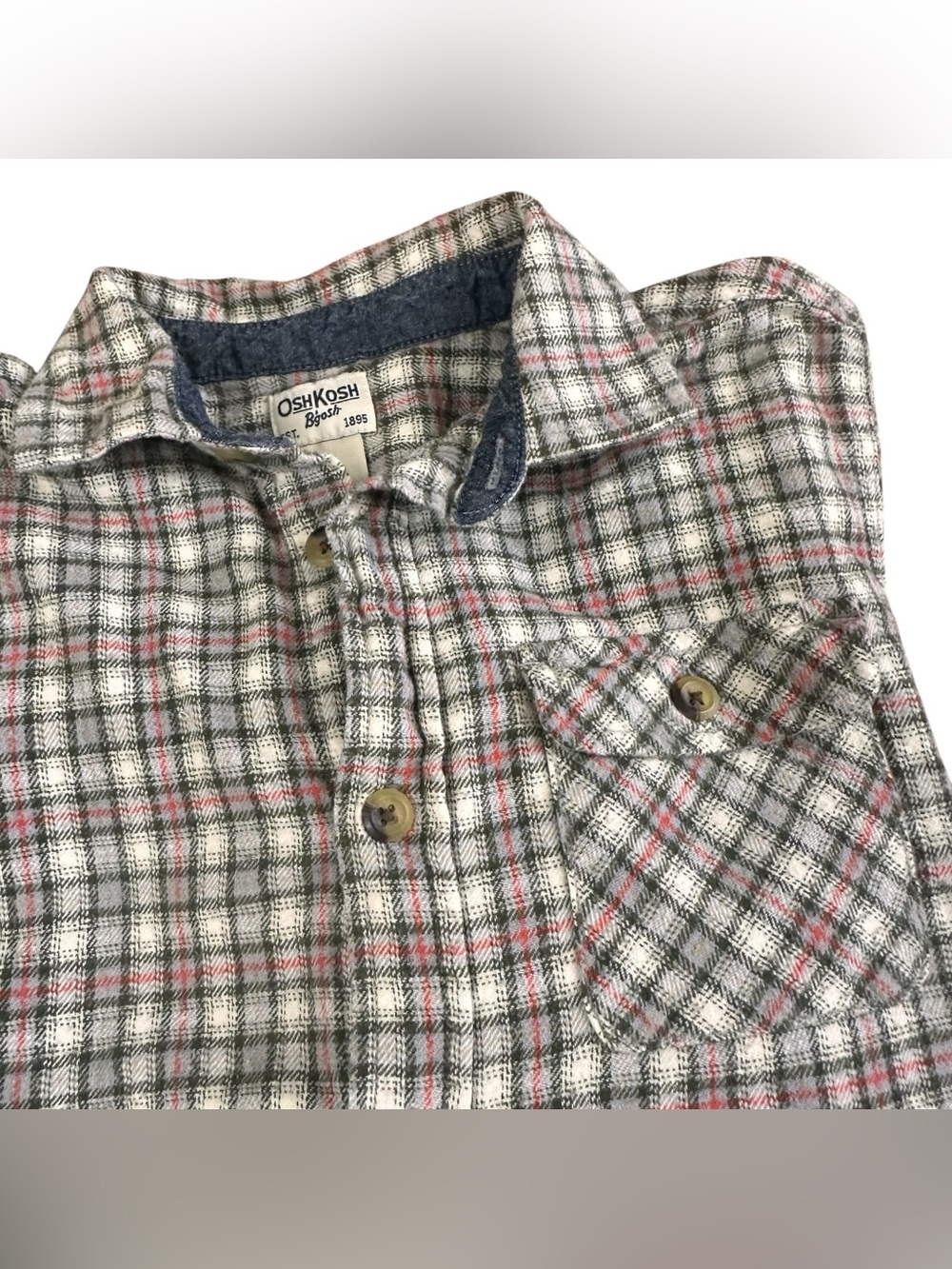 OshKosh B’gosh Boys Plaid Flannel Button Front Shirt Size 12 Gray Red Cotton